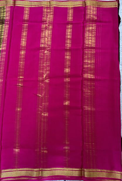 Mysore Crepe Silk Saree Brown Colored Complemented with a Pink Zari Border. - Sampradaya Designer Studio