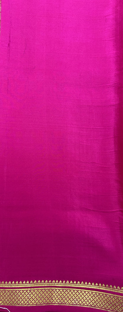 Mysore Crepe Silk Saree Brown Colored Complemented with a Pink Zari Border. - Sampradaya Designer Studio