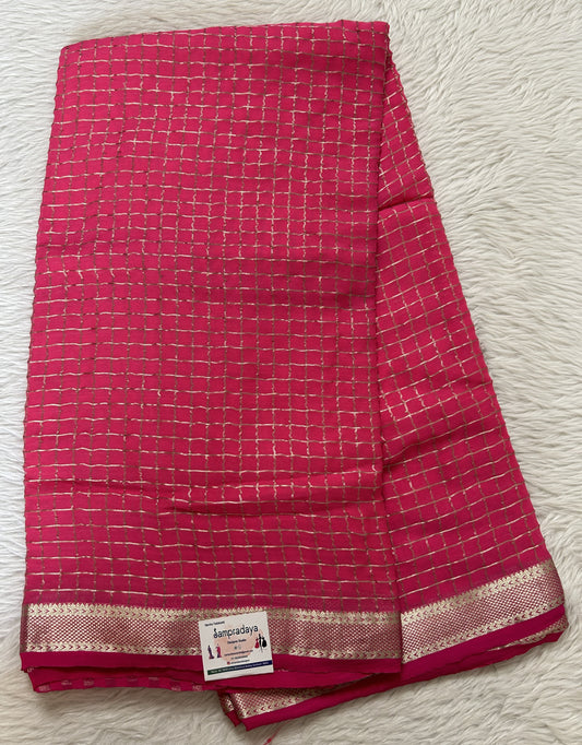 Mysore Crepe Silk Saree Pink Colored Complemented with a Zari Border. - Sampradaya Designer Studio