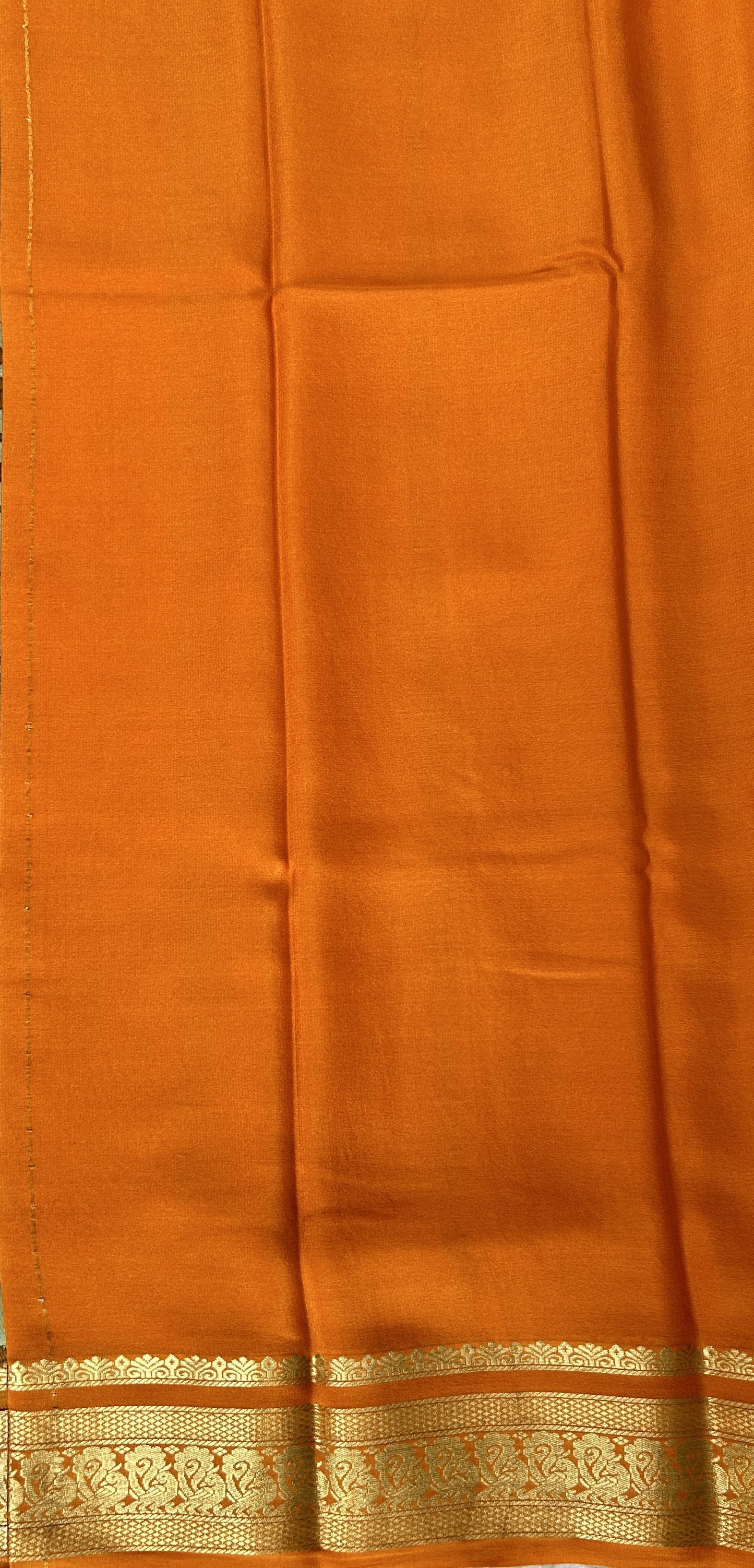 Mysore Crepe Silk Saree Sea Blue Colored Complemented with a Orange Zari Border. - Sampradaya Designer Studio