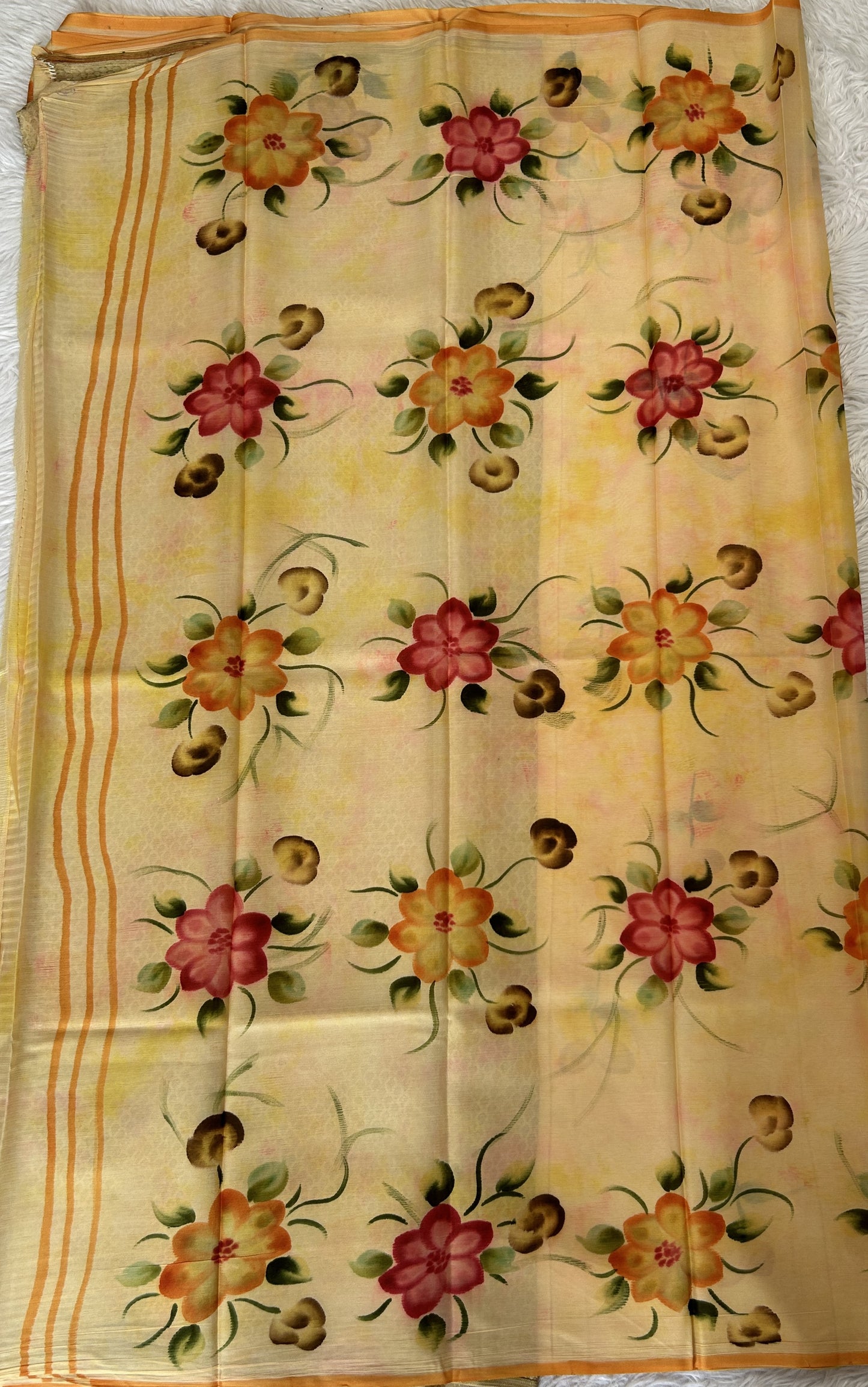 Mysore Crepe Silk Saree Yellow Colored Complemented with a Borderless. - Sampradaya Designer Studio