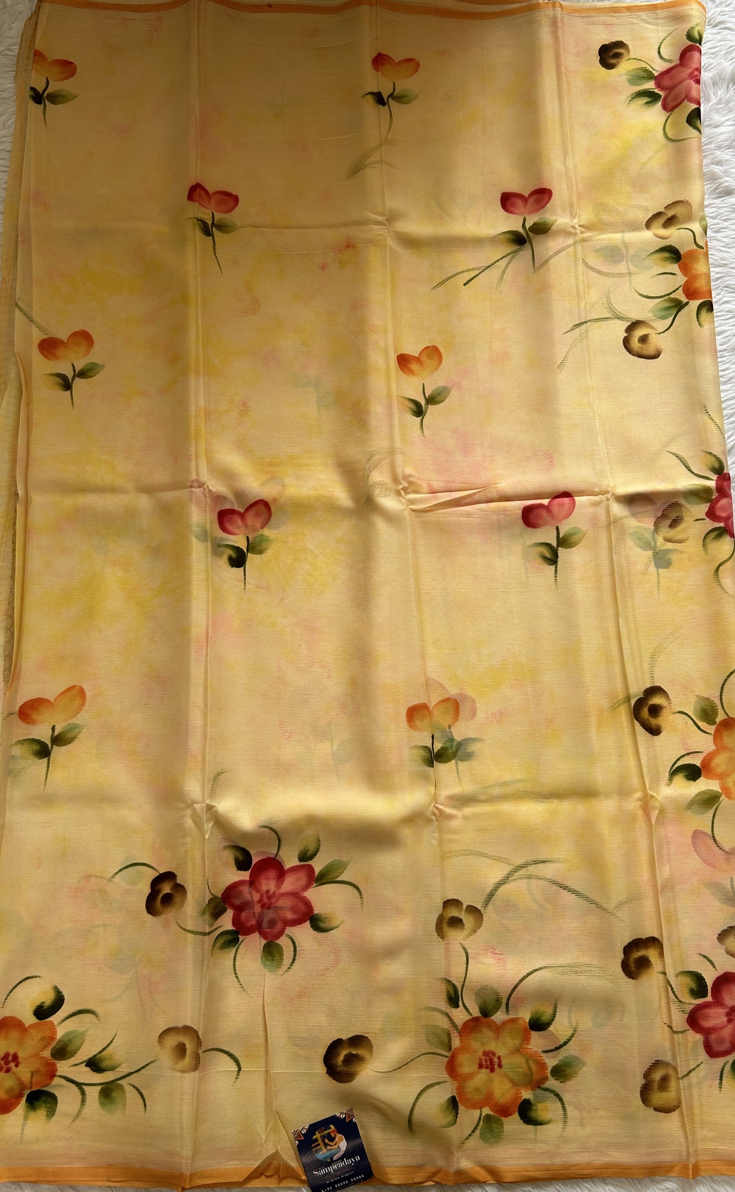 Mysore Crepe Silk Saree Yellow Colored Complemented with a Borderless. - Sampradaya Designer Studio