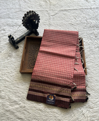 Narayanpet Cotton Checks Saree Light Pink Colored Complemented with a Maroon Thread Border.