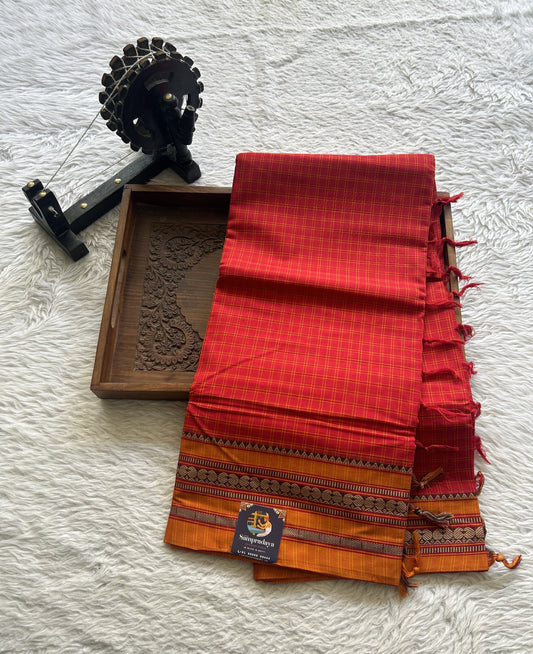 Narayanpet Cotton Checks Saree Red Colored Complemented with a Yellow Thread Border.