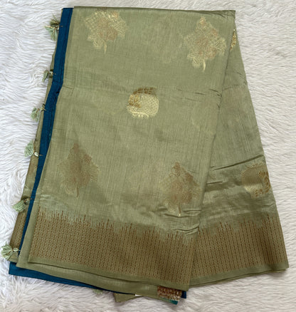 Semi Raw Silk Saree Olive Green Colored Complemented with a Zari Border. - Sampradaya Designer Studio