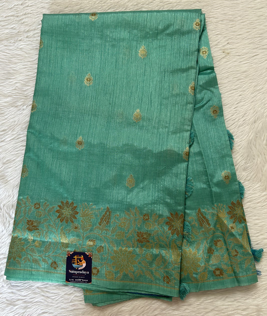 Semi Raw Silk Saree Sea Green Colored Complemented with a Zari Border. - Sampradaya Designer Studio