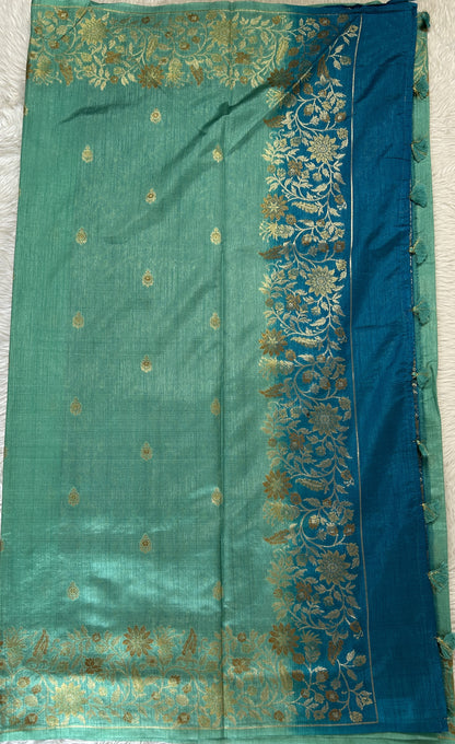 Semi Raw Silk Saree Sea Green Colored Complemented with a Zari Border. - Sampradaya Designer Studio