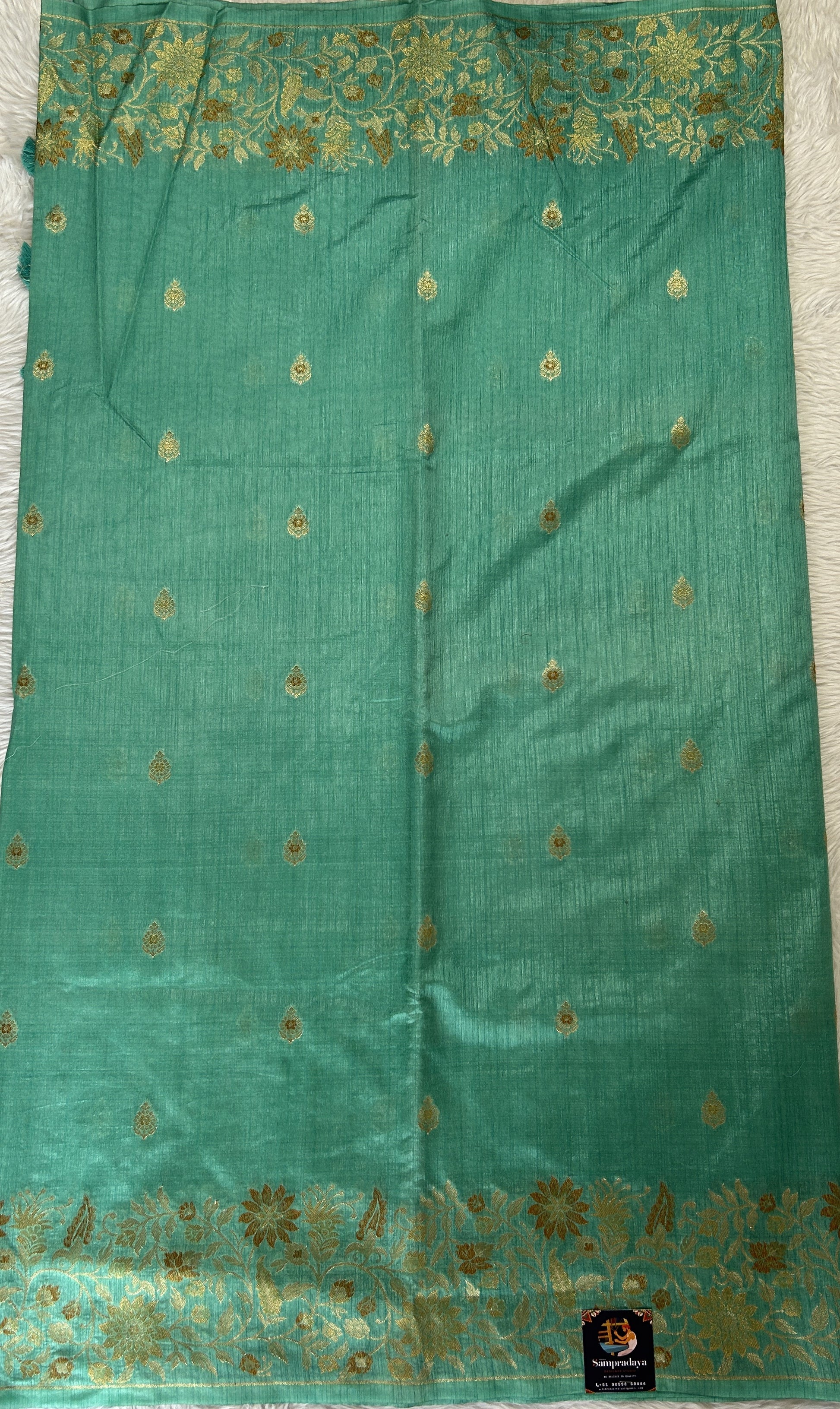 Semi Raw Silk Saree Sea Green Colored Complemented with a Zari Border. - Sampradaya Designer Studio