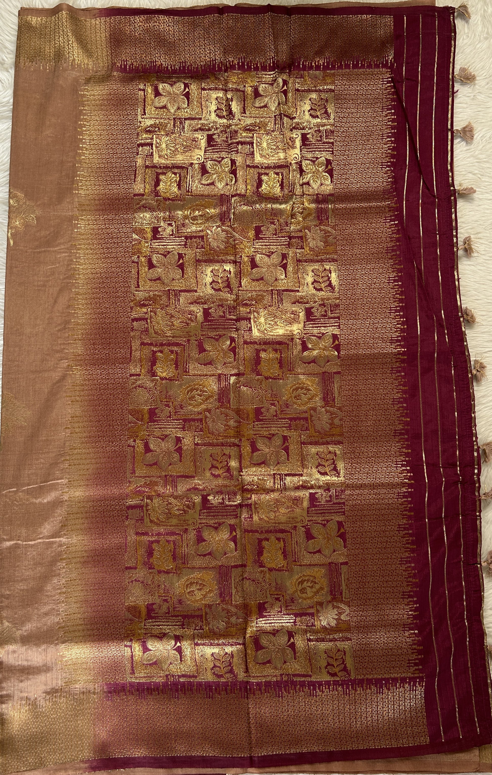 Semi Raw Silk Saree Beige Colored Complemented with a Zari Border. - Sampradaya Designer Studio