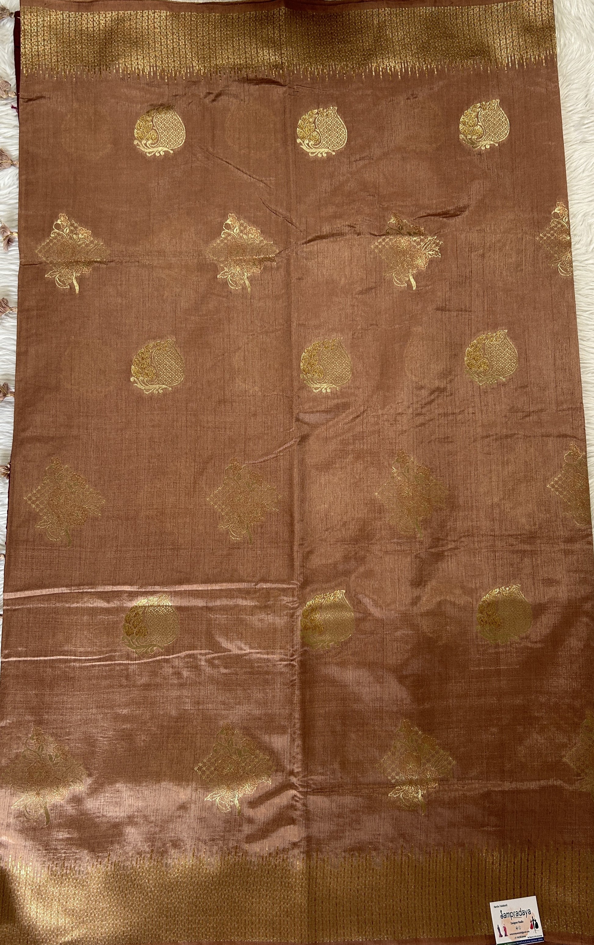 Semi Raw Silk Saree Beige Colored Complemented with a Zari Border. - Sampradaya Designer Studio