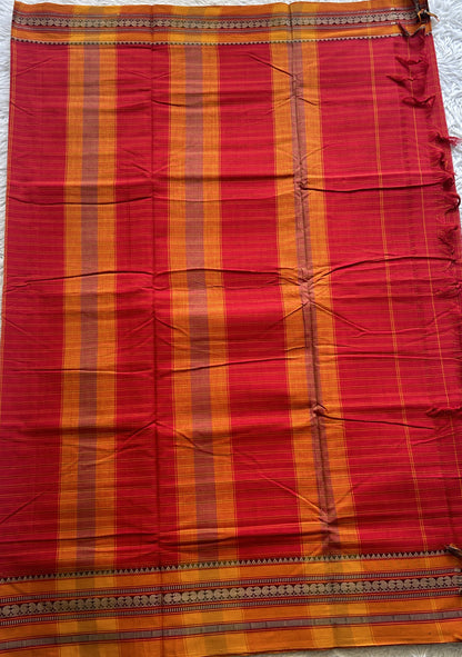 Narayanpet Cotton Checks Saree Red Colored Complemented with a Yellow Thread Border.