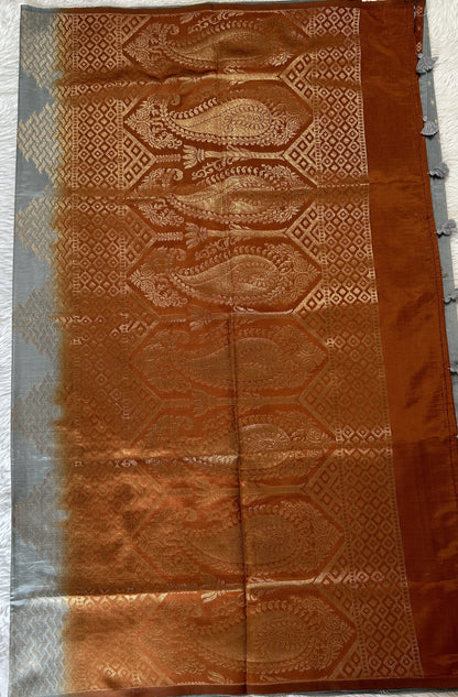 Semi Raw Silk Saree Gray Colored Complemented with a Zari Border. - Sampradaya Designer Studio