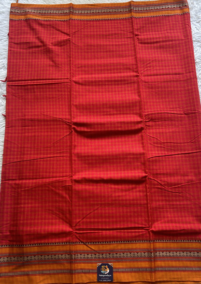 Narayanpet Cotton Checks Saree Red Colored Complemented with a Yellow Thread Border.