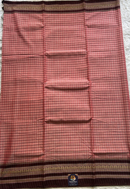 Narayanpet Cotton Checks Saree Light Pink Colored Complemented with a Maroon Thread Border.