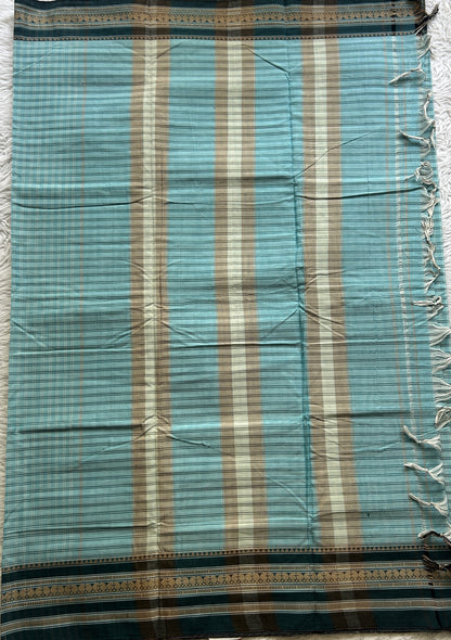 Narayanpet Cotton Checks Saree Sky Blue Colored Complemented with a Thread Gap Border.