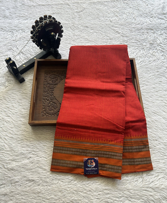 Narayanpet Cotton Checks Saree Red Colored Complemented with a Thread Border.