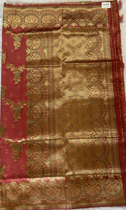 Semi Raw Silk Saree Onion Pink Colored Complemented with a Zari Border. - Sampradaya Designer Studio