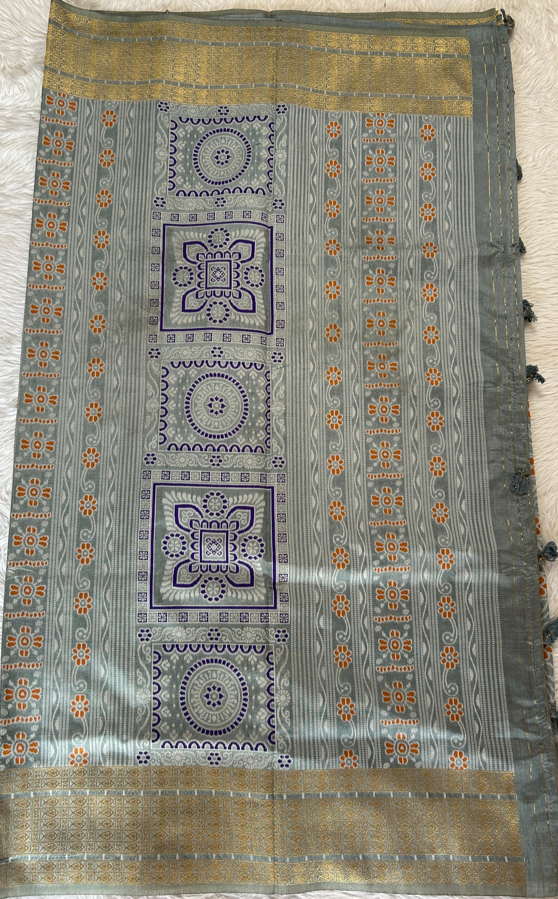 Semi Raw Silk Saree Gray Colored Complemented with a Zari Border. - Sampradaya Designer Studio