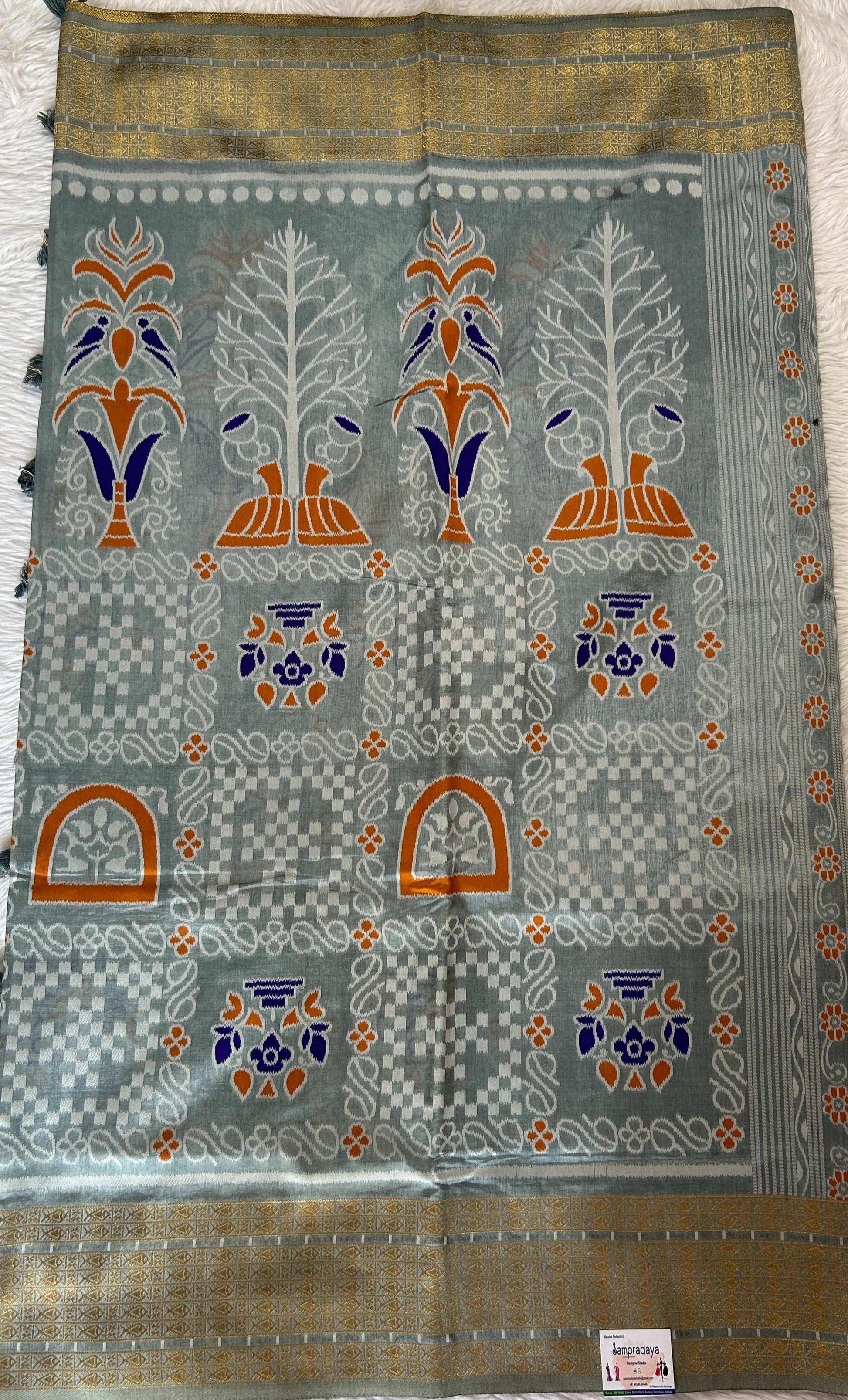 Semi Raw Silk Saree Gray Colored Complemented with a Zari Border. - Sampradaya Designer Studio