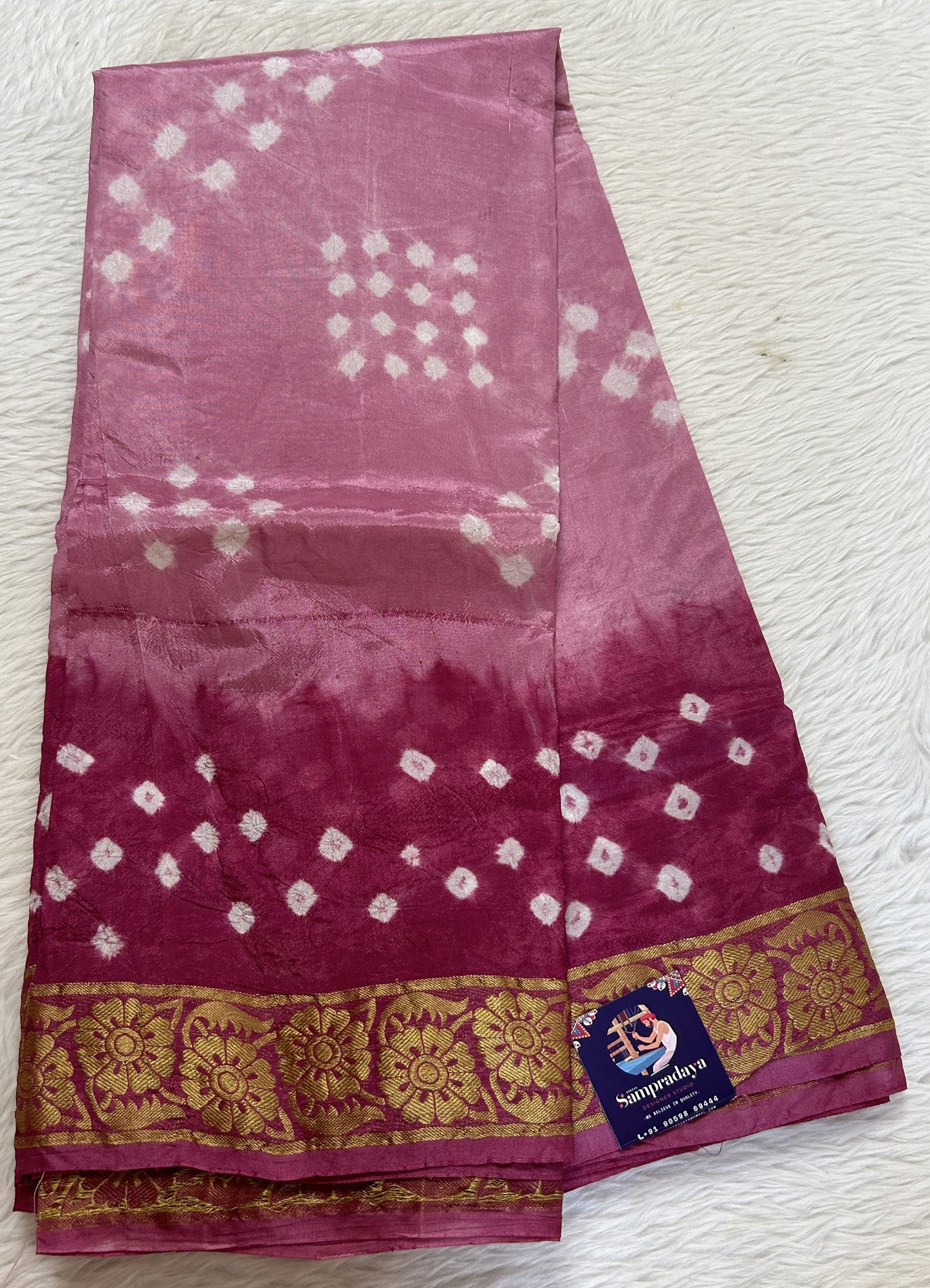 Bandhani Saree Pink Colored Complemented with a Zari Border. - Sampradaya Designer Studio