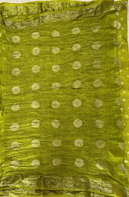 Bandhani Saree Parrot Green Colored Complemented with a Zari Border. - Sampradaya Designer Studio