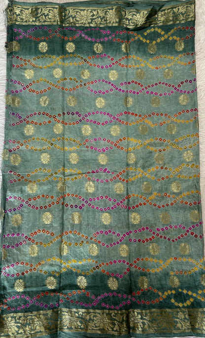 Bandhani Saree Sea Green Colored Complemented with a Zari Border. - Sampradaya Designer Studio