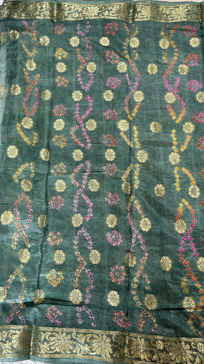 Bandhani Saree Sea Green Colored Complemented with a Zari Border. - Sampradaya Designer Studio