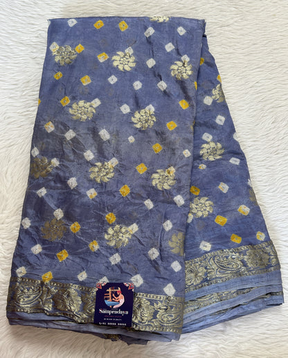 Bandhani Saree Sea Blue Colored Complemented with a Zari Border. - Sampradaya Designer Studio