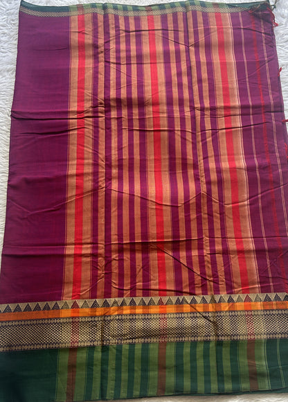 Narayanpet Cotton Saree Purple Colored Complemented with a Double Thread Border.