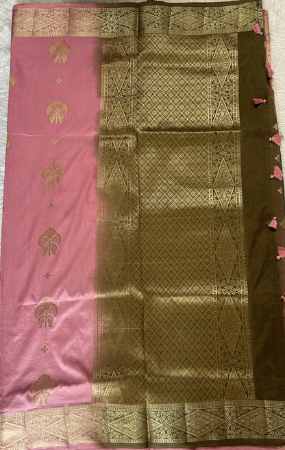 Semi Raw Silk Saree Baby Pink Colored Complemented with a Zari Border. - Sampradaya Designer Studio