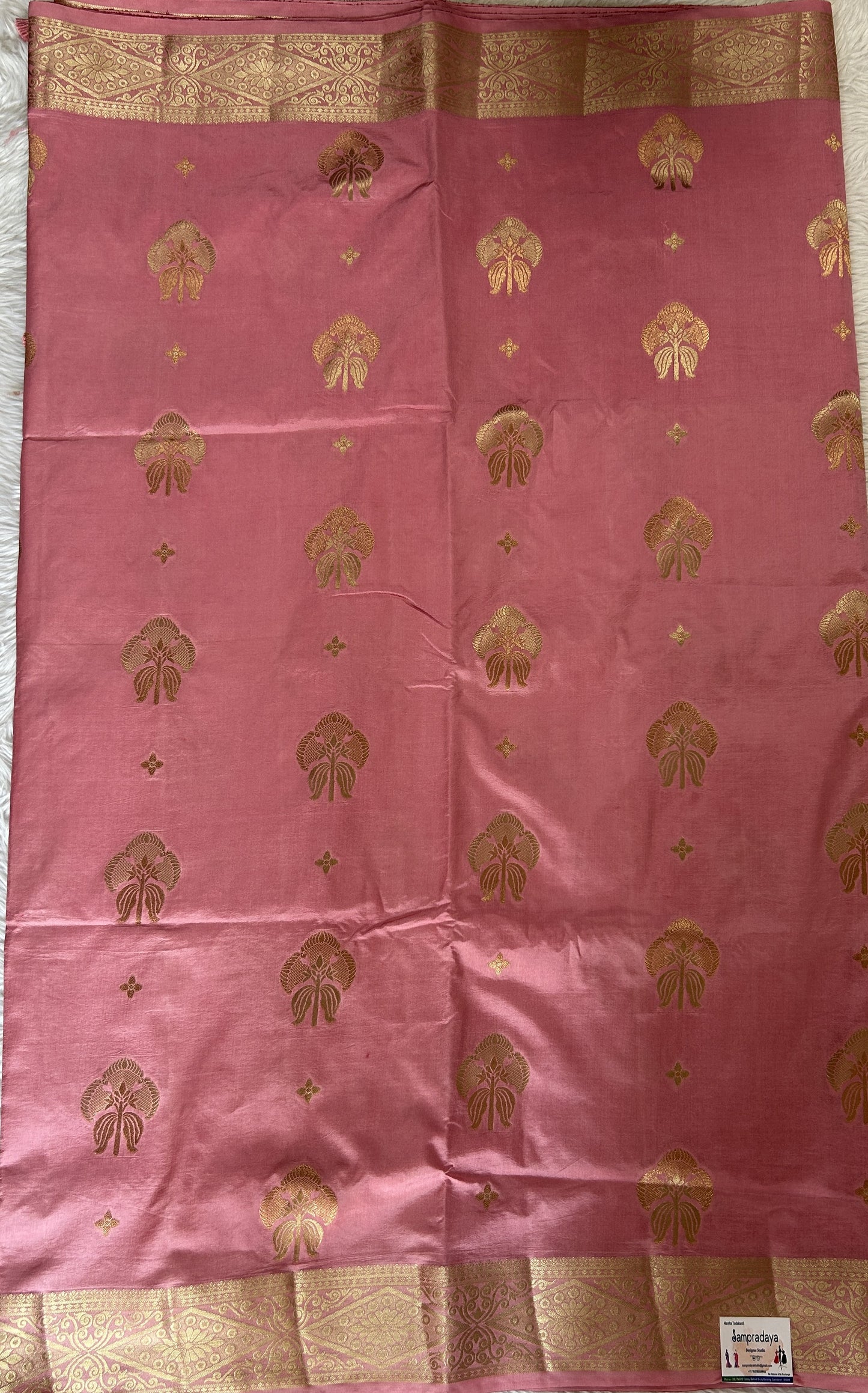 Semi Raw Silk Saree Baby Pink Colored Complemented with a Zari Border. - Sampradaya Designer Studio