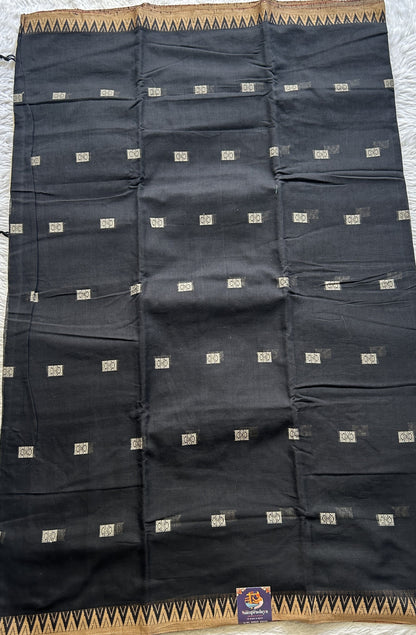 Narayanpet Cotton Buti Saree Black Colored Complemented with a Thread Border.