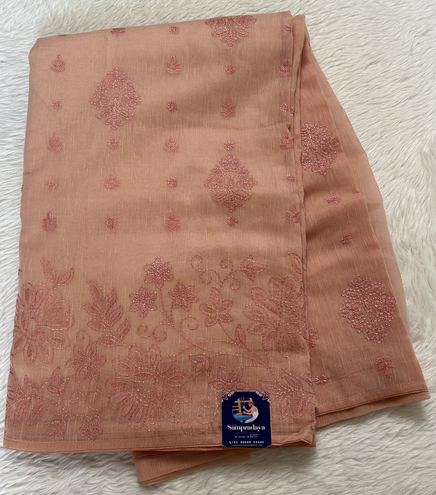 Semi Tussar Silk Saree Peach colored complemented with a borderless. - Sampradaya Designer Studio