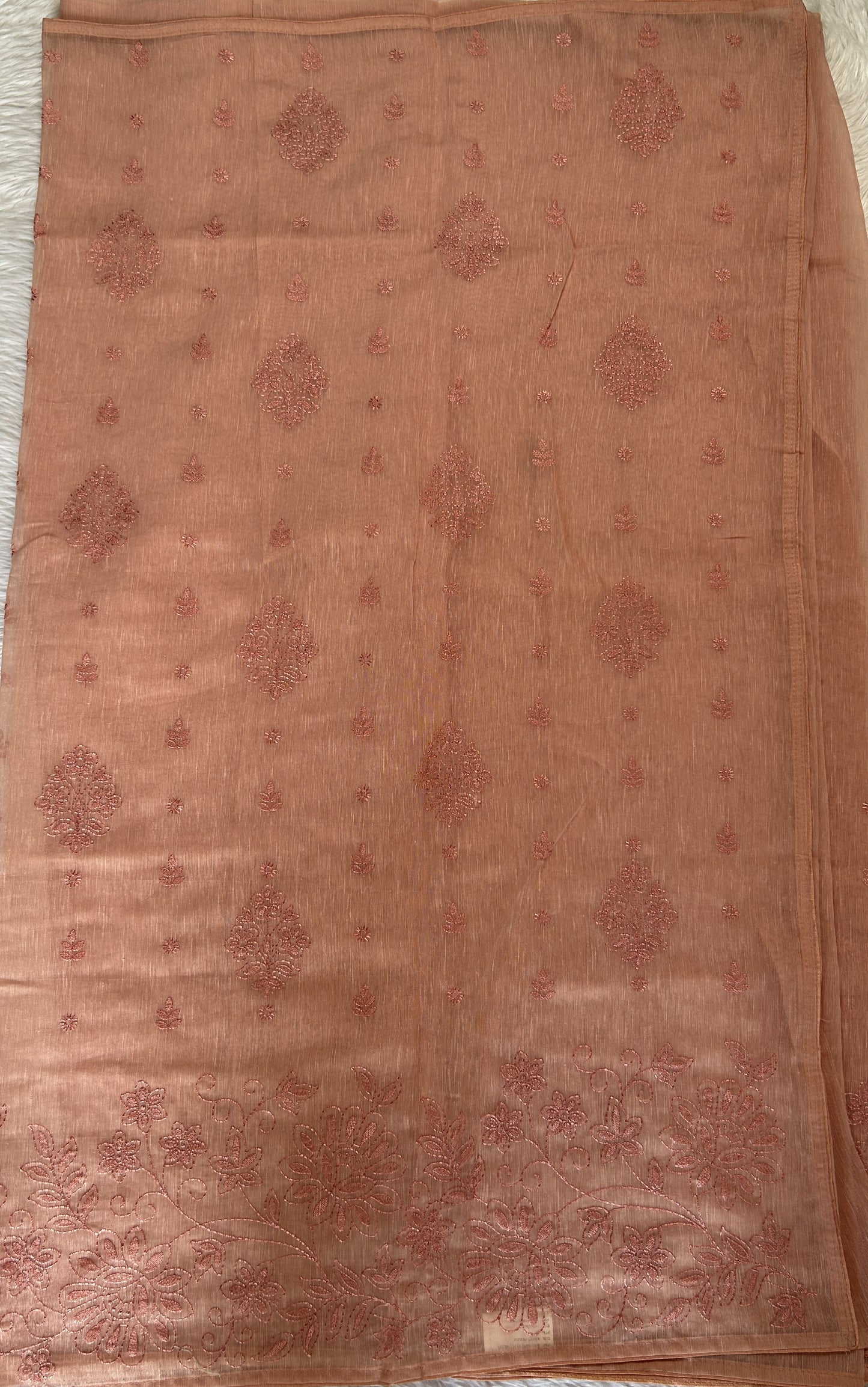 Semi Tussar Silk Saree Peach colored complemented with a borderless. - Sampradaya Designer Studio