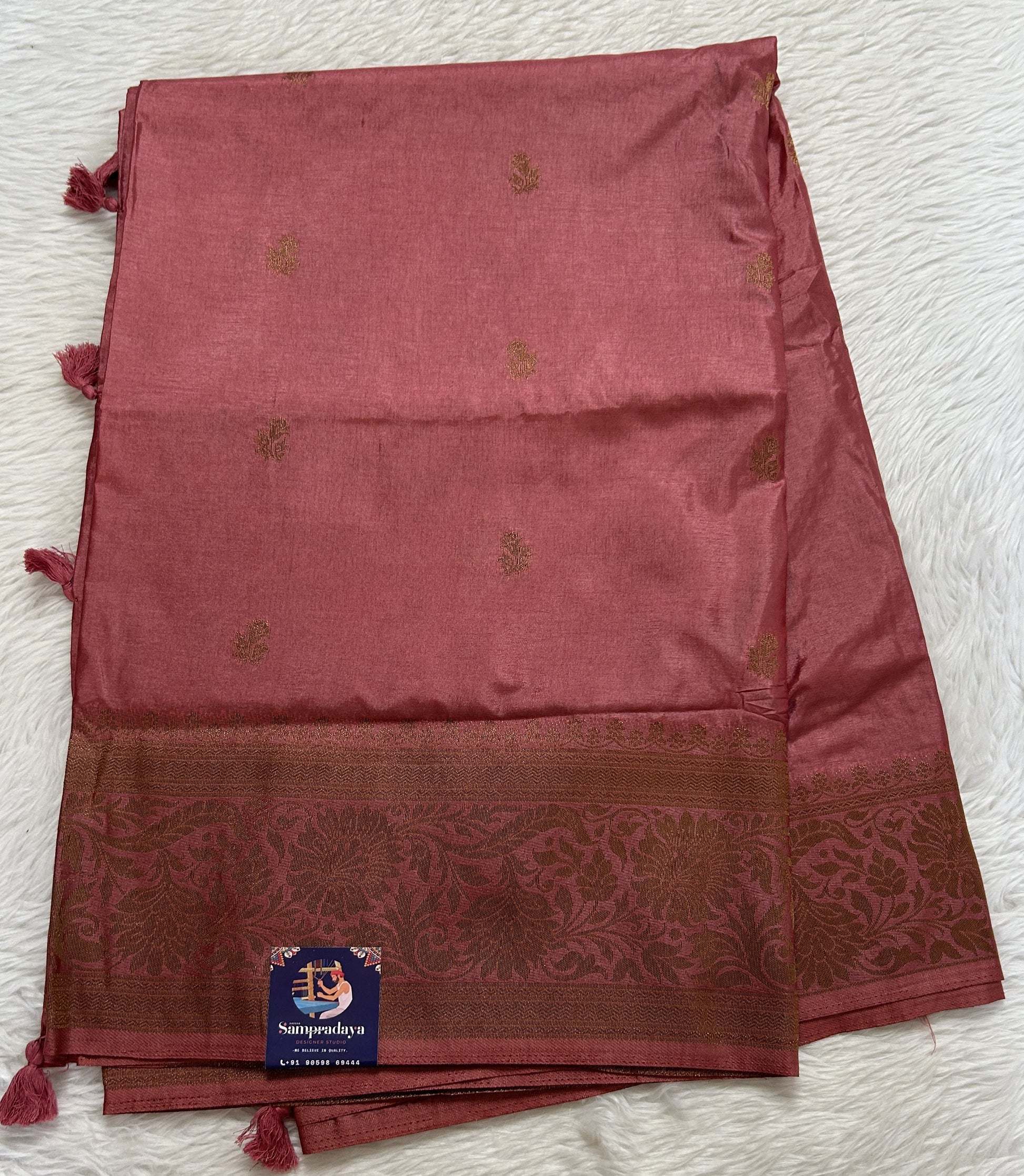 Semi Raw Silk Saree Rose Pink Colored Complemented with a Zari Border. - Sampradaya Designer Studio