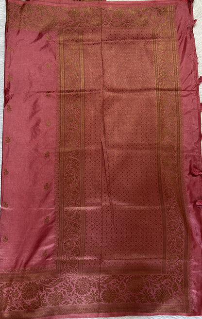 Semi Raw Silk Saree Rose Pink Colored Complemented with a Zari Border. - Sampradaya Designer Studio