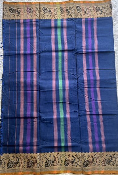 Narayanpet Cotton Saree Cobalt Blue Colored Complemented with a Minakari Thread Border.