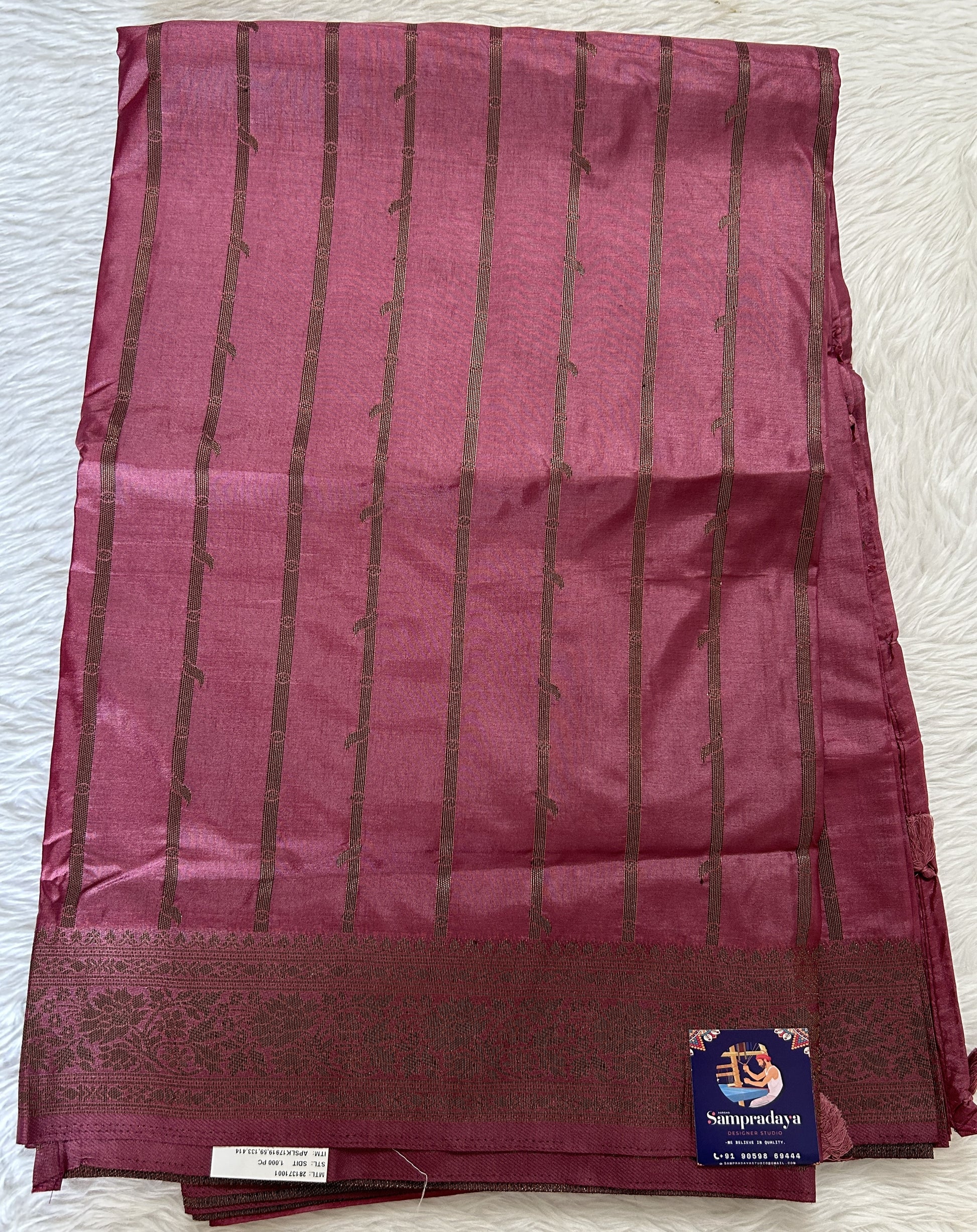 Semi Raw Silk Saree Rouge Colored Complemented with a Zari Border. - Sampradaya Designer Studio