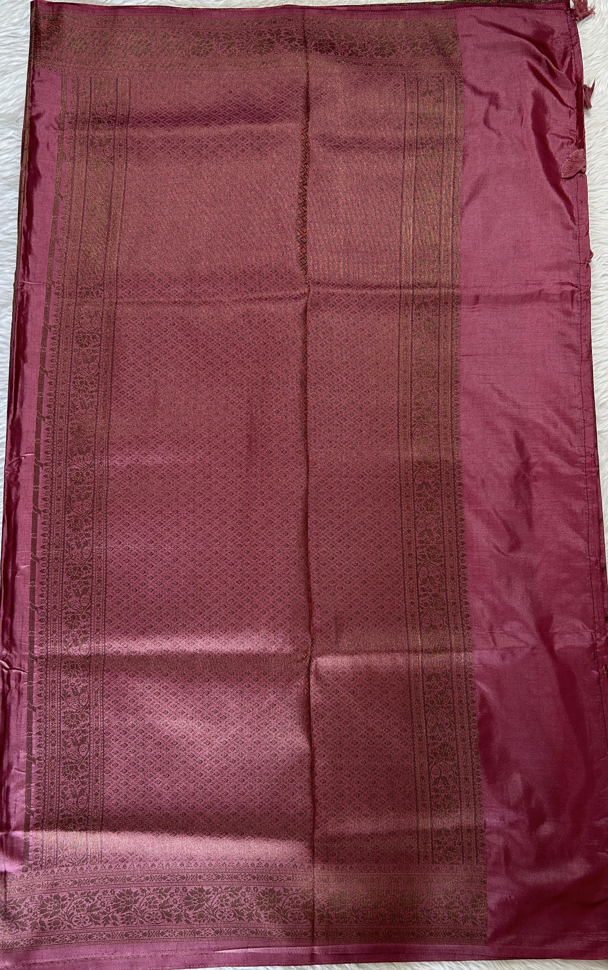 Semi Raw Silk Saree Rouge Colored Complemented with a Zari Border. - Sampradaya Designer Studio