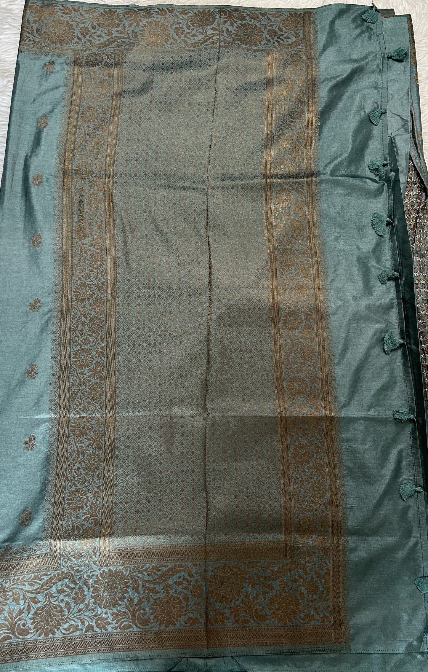 Semi Raw Silk Saree Sea Blue Colored Complemented with a Zari Border. - Sampradaya Designer Studio