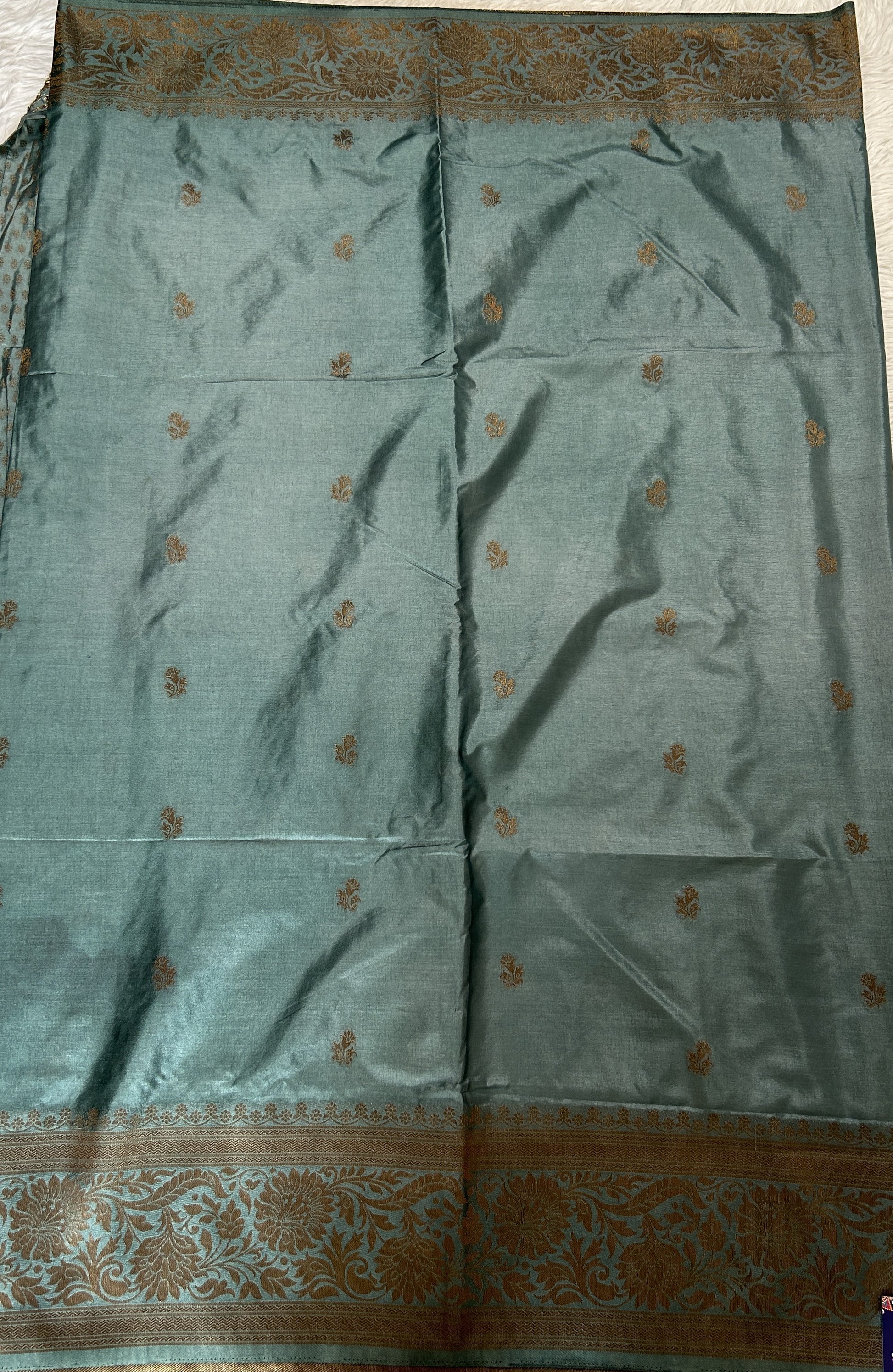 Semi Raw Silk Saree Sea Blue Colored Complemented with a Zari Border. - Sampradaya Designer Studio