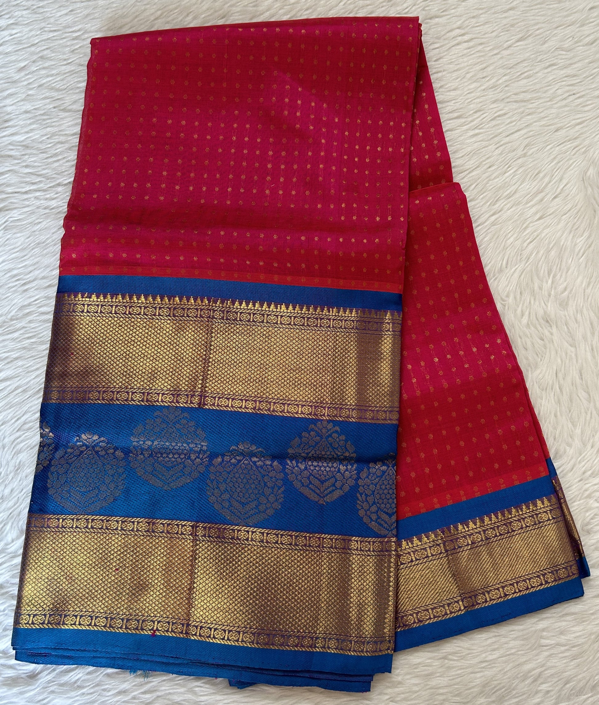 Venkatagiri Sico Saree Pink Colored Complemented with a Blue Pattu Border. - Sampradaya Designer Studio