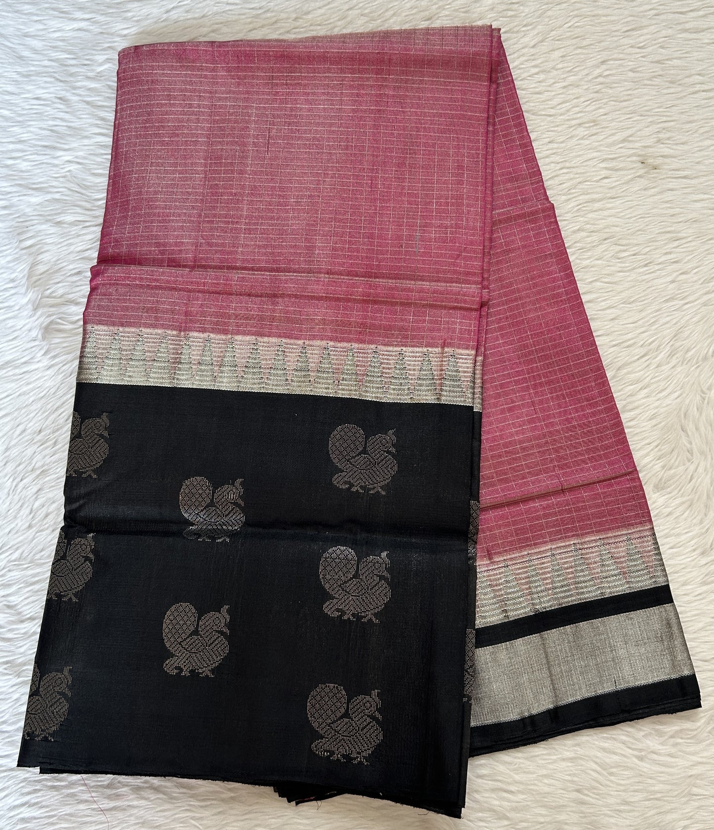 Venkatagiri Sico Saree Onion Pink Colored Complemented with a Black Pattu Border. - Sampradaya Designer Studio