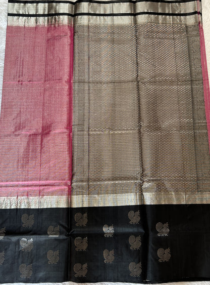 Venkatagiri Sico Saree Onion Pink Colored Complemented with a Black Pattu Border. - Sampradaya Designer Studio