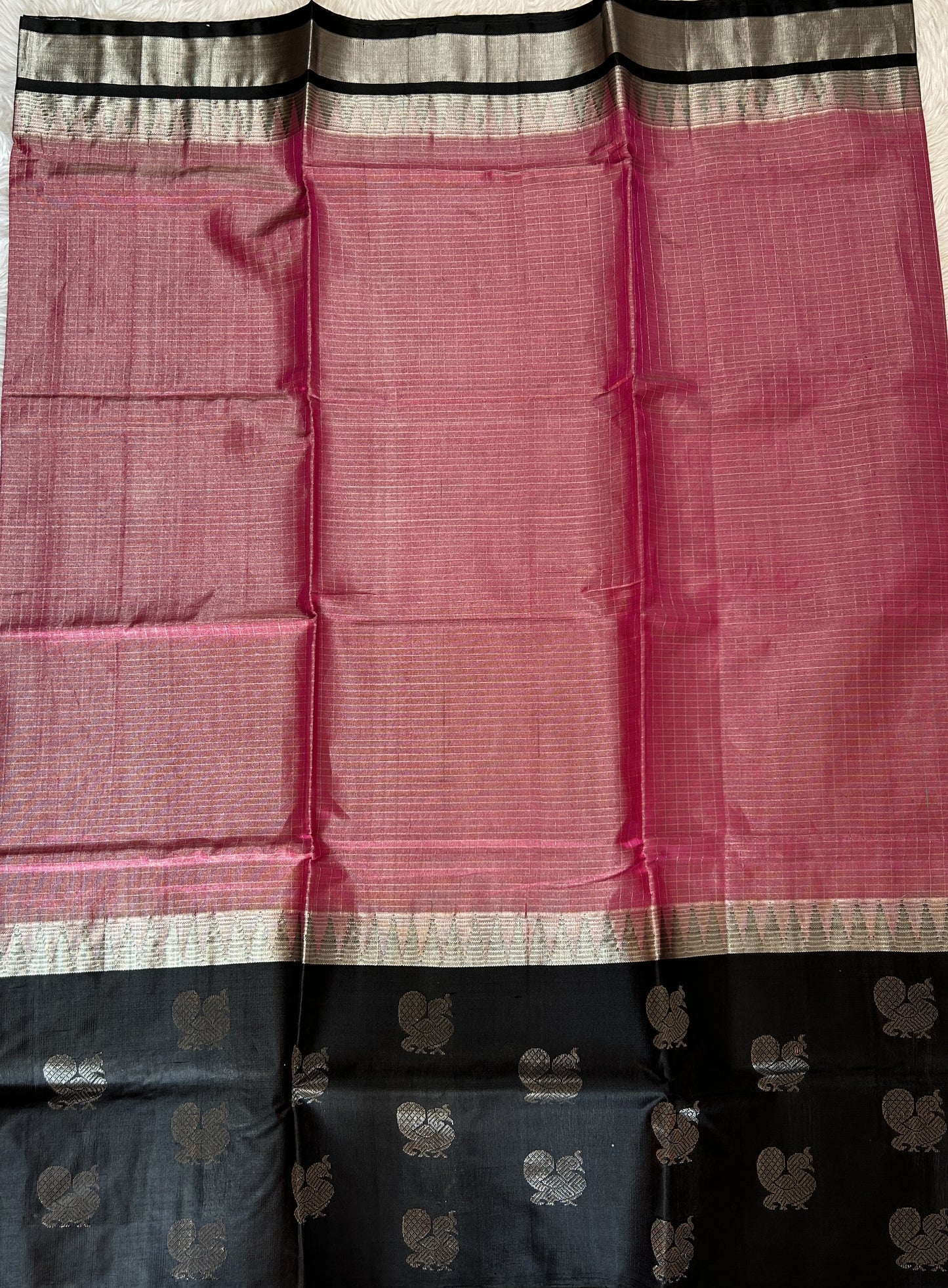 Venkatagiri Sico Saree Onion Pink Colored Complemented with a Black Pattu Border. - Sampradaya Designer Studio