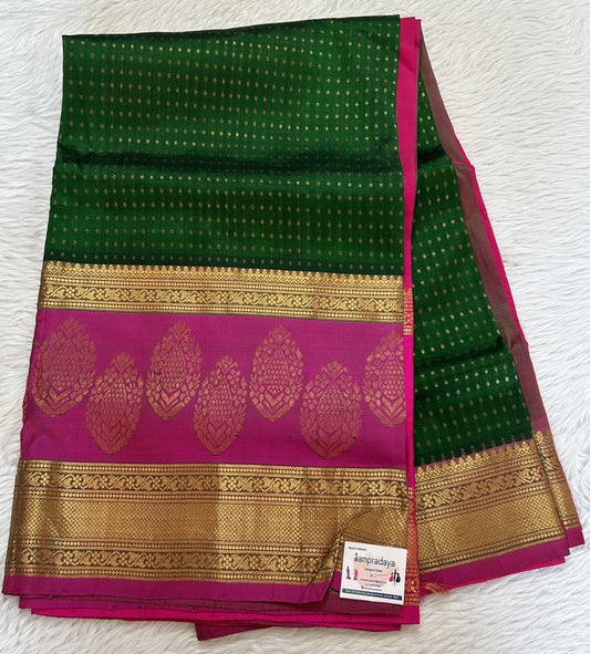 Venkatagiri Sico Saree Green Colored Complemented with a Pink Pattu Border. - Sampradaya Designer Studio