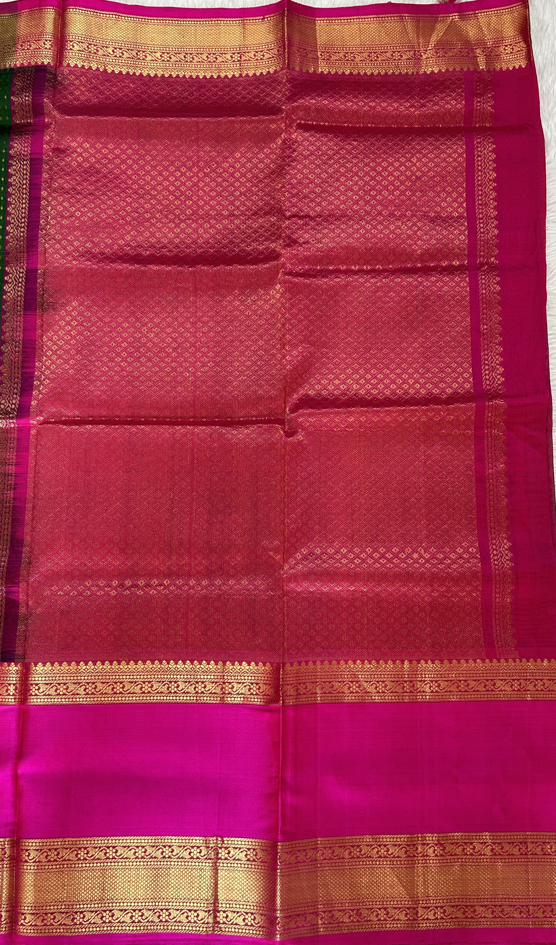 Venkatagiri Sico Saree Green Colored Complemented with a Pink Pattu Border. - Sampradaya Designer Studio