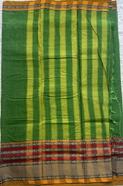 Narayanpet Cotton Saree Leaf Green Colored Complemented with a Minakari Thread Border.