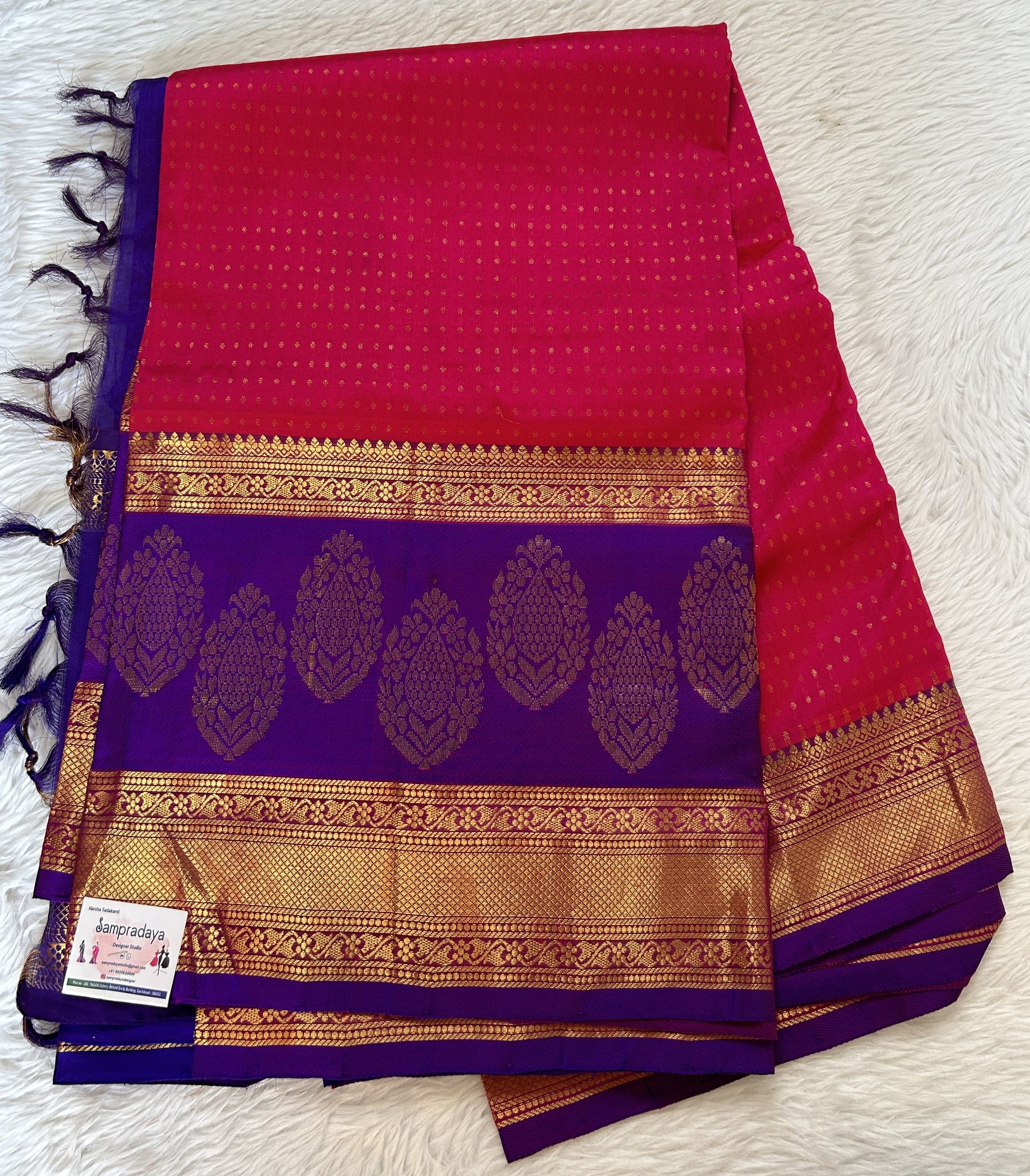 Venkatagiri Sico Saree Pink Colored Complemented with a Purple Pattu Border. - Sampradaya Designer Studio