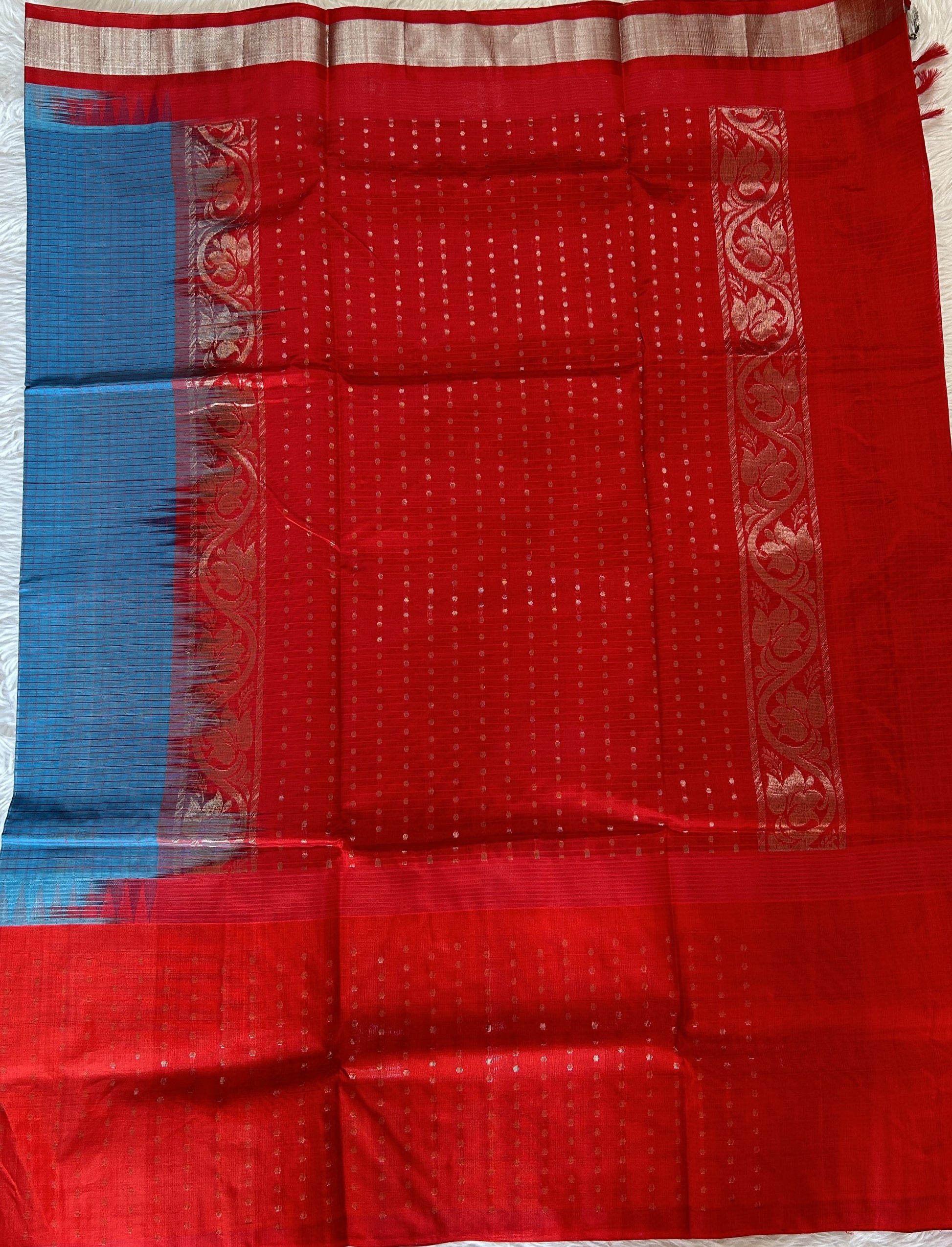 Venkatagiri Sico Saree Blue Colored Complemented with a Red Pattu Border. - Sampradaya Designer Studio